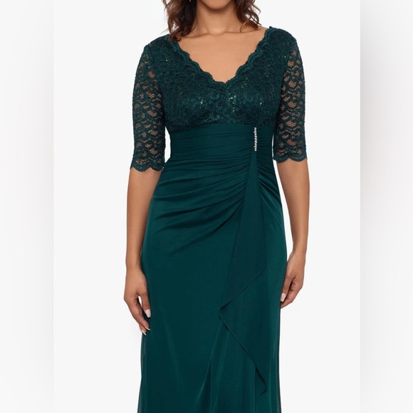 BETSY & ADAM WOMEN’S FORMAL DRESS PINE GREEN ON 3/4 SLEEVE SHEER AUTHENTIC NWT - Picture 3 of 10